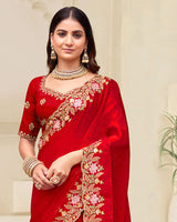 Venetian Red Designer Fancy Satin Saree With Embroidery Work And Cut Work Border