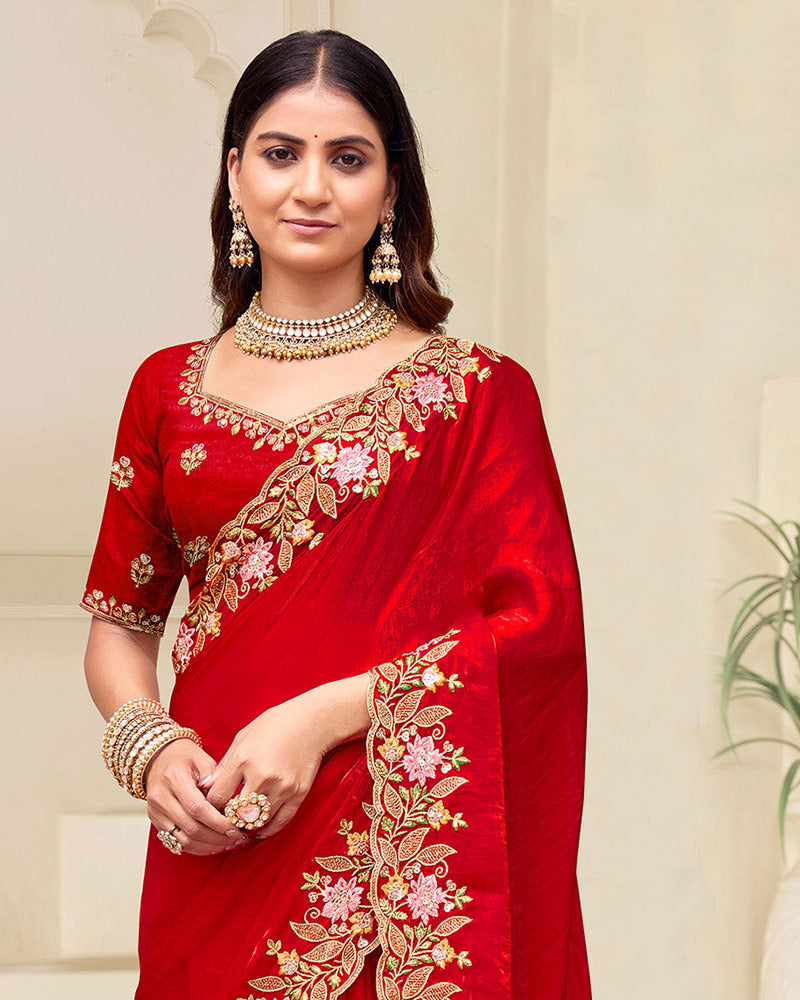 Venetian Red Designer Fancy Satin Saree With Embroidery Work And Cut Work Border