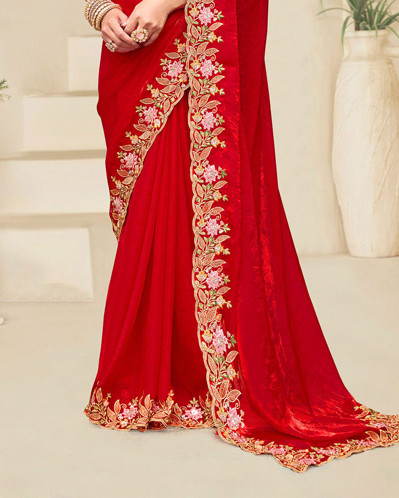 Venetian Red Designer Fancy Satin Saree With Embroidery Work And Cut Work Border