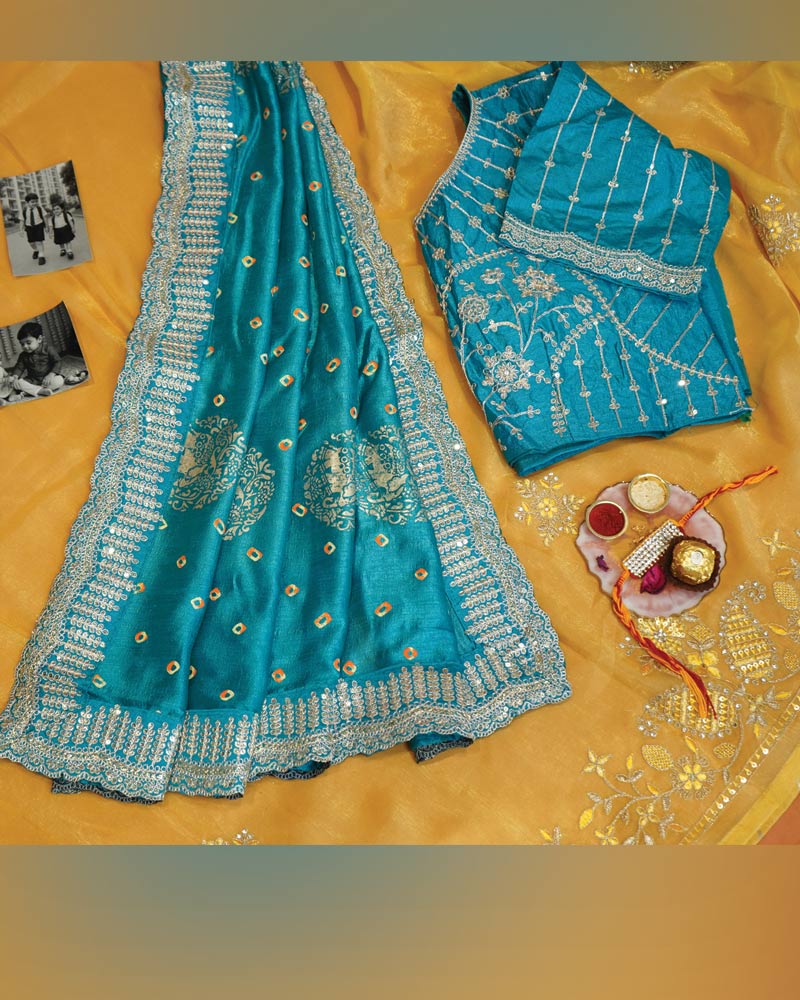 Aqua Blue Designer Fancy Chiffon Saree With Foil Print, Zari-Embroidery Work And Cut Work Border