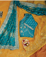 Aqua Blue Designer Fancy Chiffon Saree With Foil Print, Zari-Embroidery Work And Cut Work Border