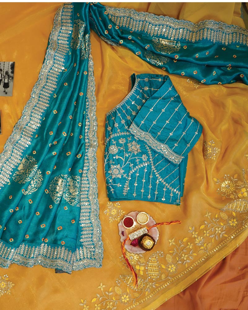 Aqua Blue Designer Fancy Chiffon Saree With Foil Print, Zari-Embroidery Work And Cut Work Border