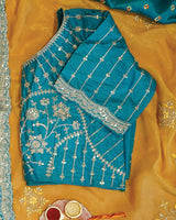 Aqua Blue Designer Fancy Chiffon Saree With Foil Print, Zari-Embroidery Work And Cut Work Border