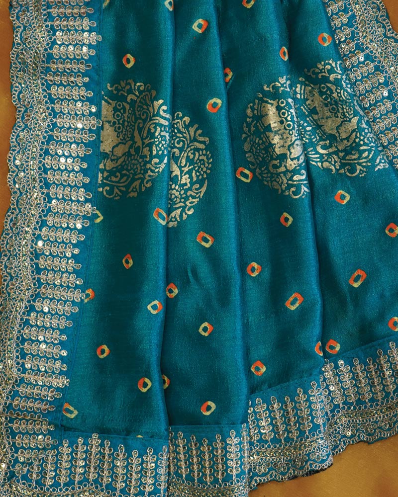 Aqua Blue Designer Fancy Chiffon Saree With Foil Print, Zari-Embroidery Work And Cut Work Border