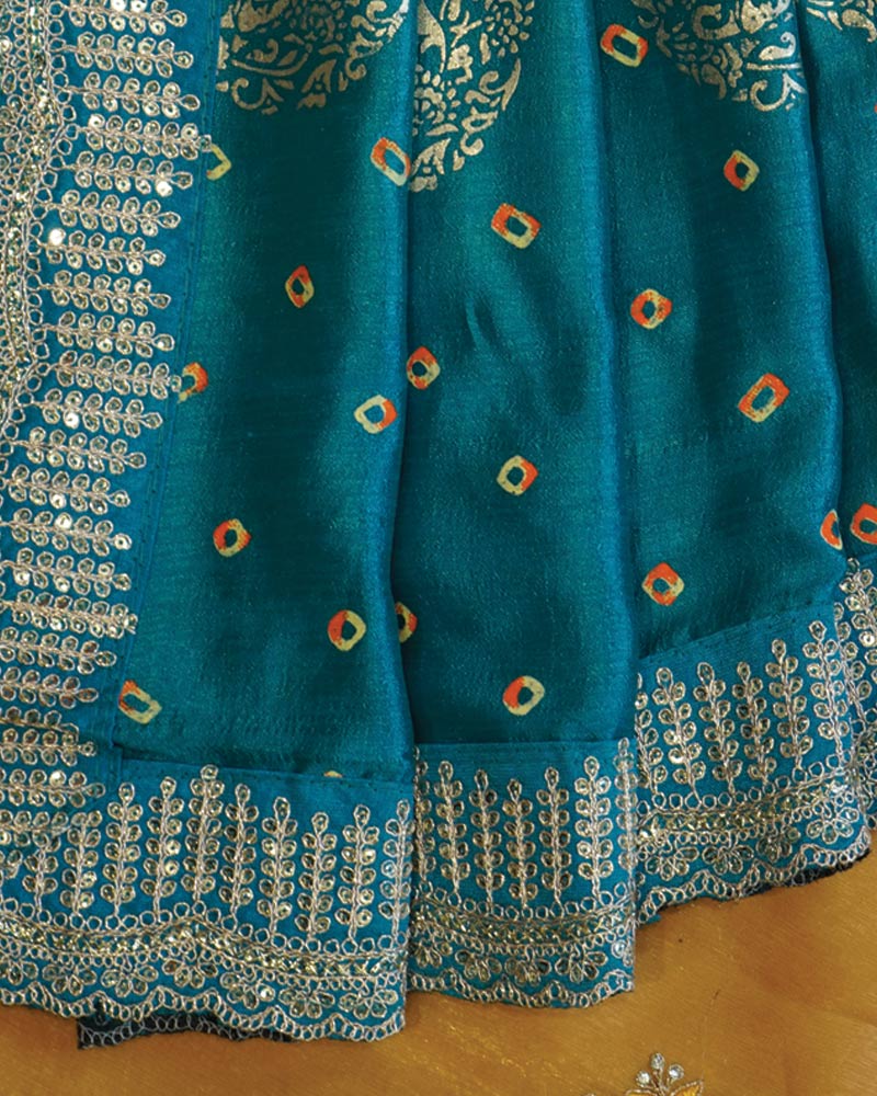 Aqua Blue Designer Fancy Chiffon Saree With Foil Print, Zari-Embroidery Work And Cut Work Border