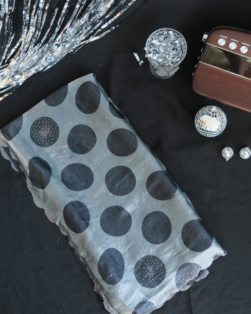 Vishal Prints Oslo Grey Fancy Satin Digital Print Saree With Diamond Work And Cut Work Border