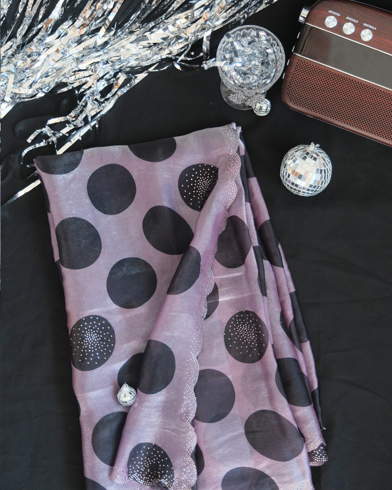 Vishal Prints Pastel Purple Fancy Satin Digital Print Saree With Diamond Work And Cut Work Border