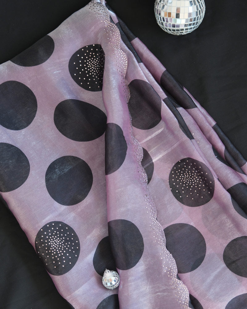 Vishal Prints Pastel Purple Fancy Satin Digital Print Saree With Diamond Work And Cut Work Border