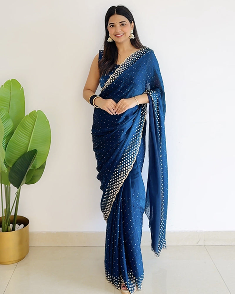 Regal Blue Designer Fancy Satin Saree With Diamond Work And Cut Work Diamond Border