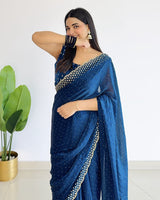 Regal Blue Designer Fancy Satin Saree With Diamond Work And Cut Work Diamond Border
