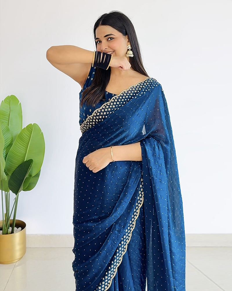 Regal Blue Designer Fancy Satin Saree With Diamond Work And Cut Work Diamond Border