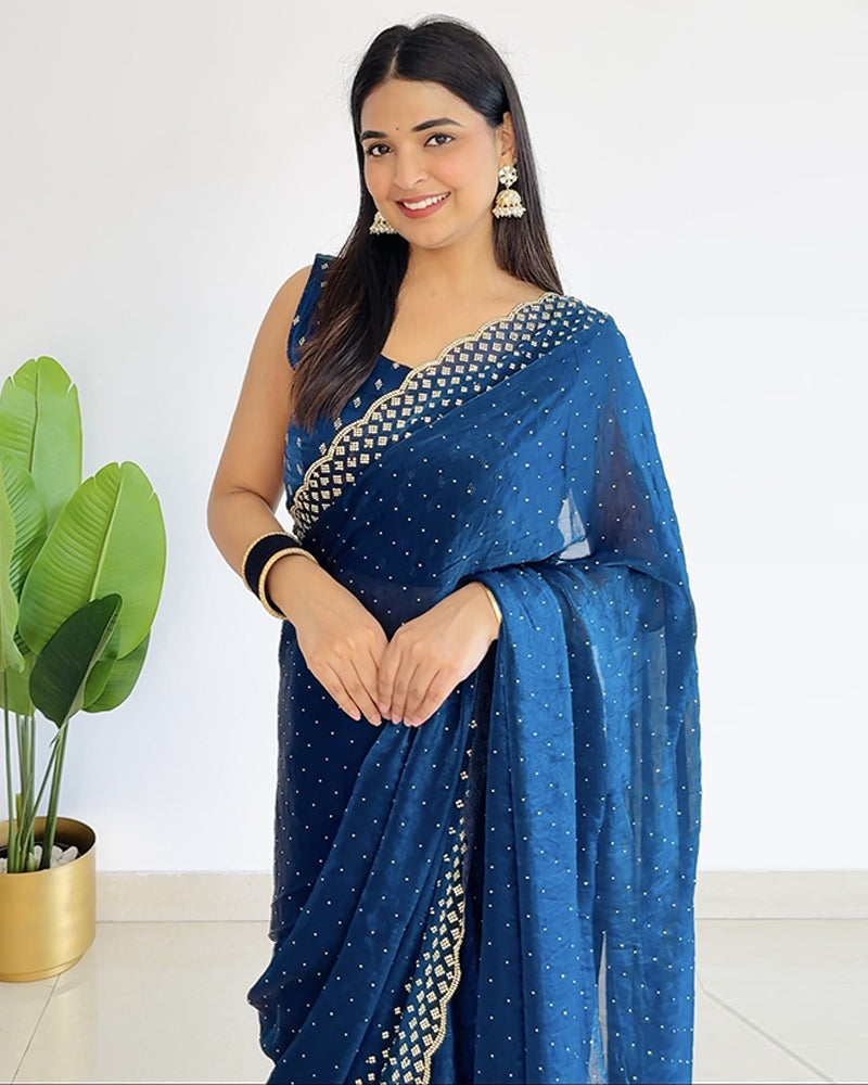 Regal Blue Designer Fancy Satin Saree With Diamond Work And Cut Work Diamond Border