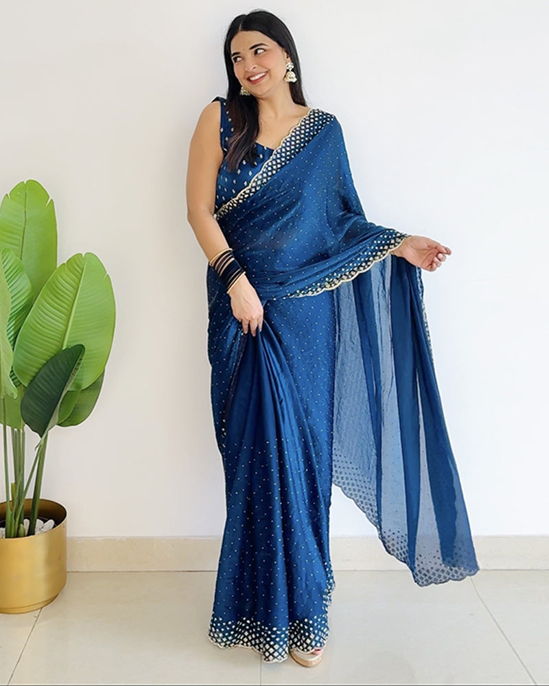 Regal Blue Designer Fancy Satin Saree With Diamond Work And Cut Work Diamond Border