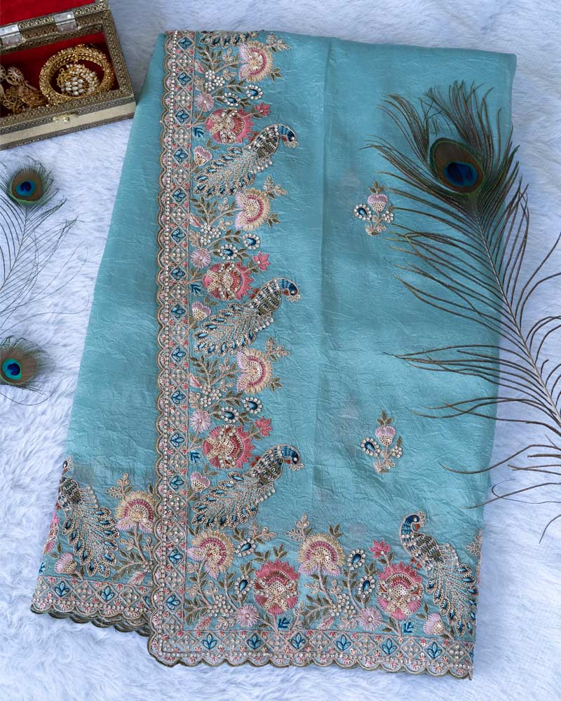 Aqua Blue Designer Tissue Organza Saree With Embroidery-Diamond Work And Fancy Cut Work Border