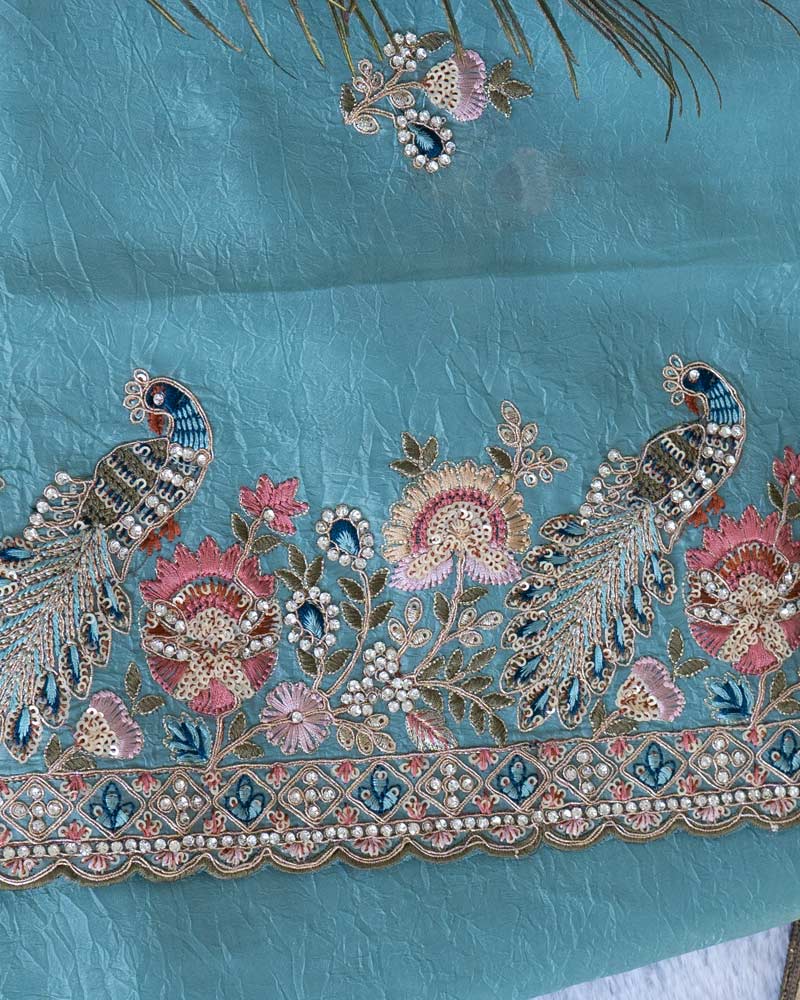 Aqua Blue Designer Tissue Organza Saree With Embroidery-Diamond Work And Fancy Cut Work Border