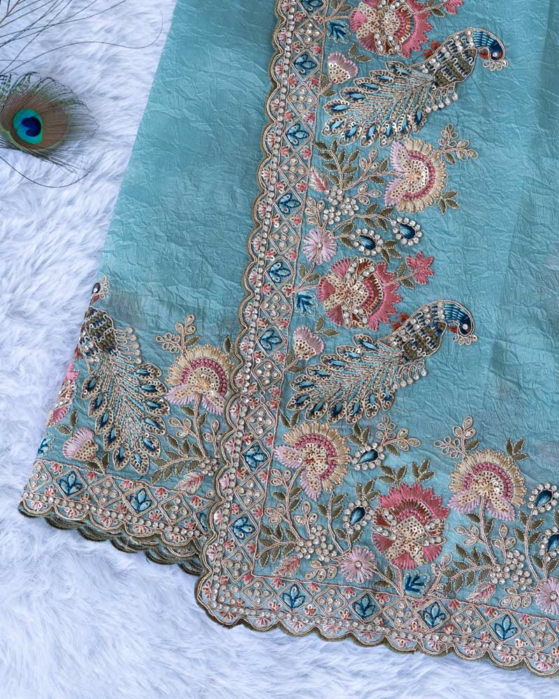 Aqua Blue Designer Tissue Organza Saree With Embroidery-Diamond Work And Fancy Cut Work Border