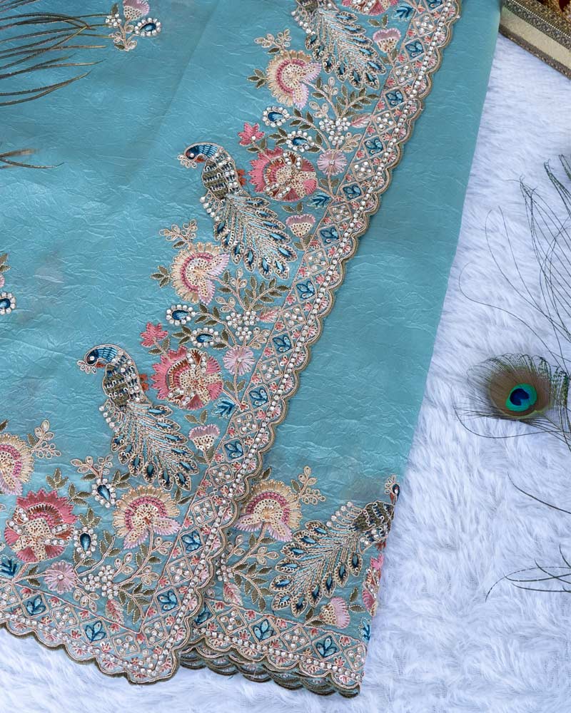 Aqua Blue Designer Tissue Organza Saree With Embroidery-Diamond Work And Fancy Cut Work Border