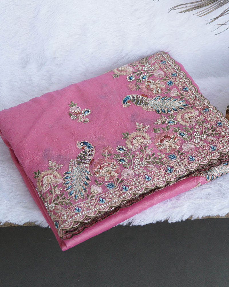 Deep Rose Pink Designer Tissue Organza Saree With Embroidery-Diamond Work And Fancy Cut Work Border