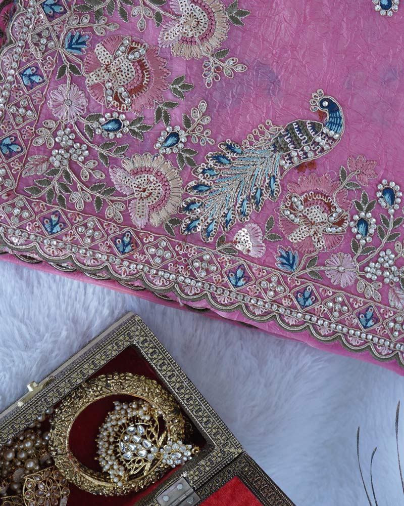 Deep Rose Pink Designer Tissue Organza Saree With Embroidery-Diamond Work And Fancy Cut Work Border