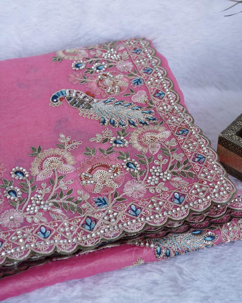 Deep Rose Pink Designer Tissue Organza Saree With Embroidery-Diamond Work And Fancy Cut Work Border