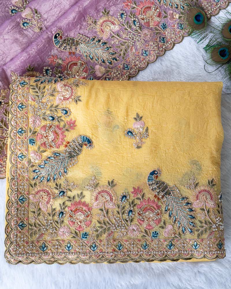 Indian Yellow Designer Tissue Organza Saree With Embroidery-Diamond Work And Fancy Cut Work Border