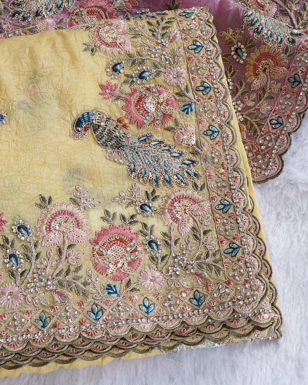 Indian Yellow Designer Tissue Organza Saree With Embroidery-Diamond Work And Fancy Cut Work Border