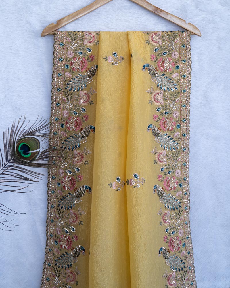 Indian Yellow Designer Tissue Organza Saree With Embroidery-Diamond Work And Fancy Cut Work Border