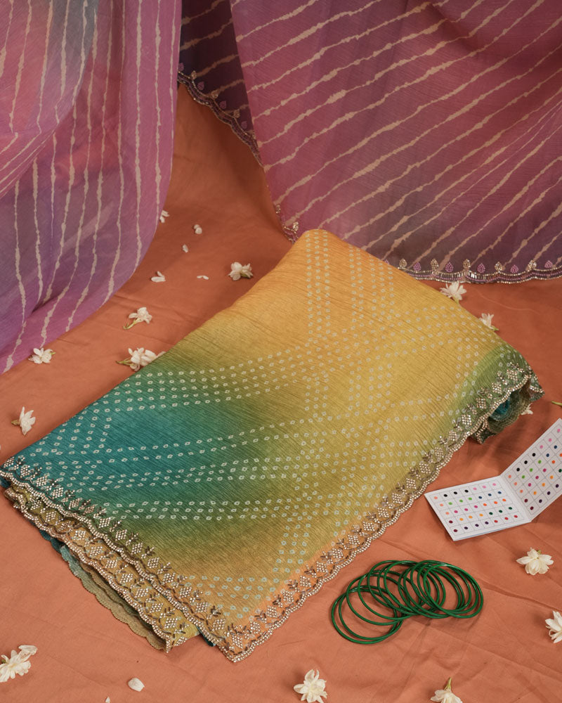 Yellowish Orange And Green Designer Crushed Tissue Bandhani Print Saree With Diamond Work And Cut Work Border