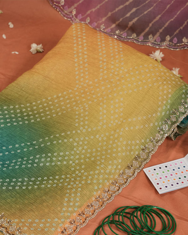 Yellowish Orange And Green Designer Crushed Tissue Bandhani Print Saree With Diamond Work And Cut Work Border