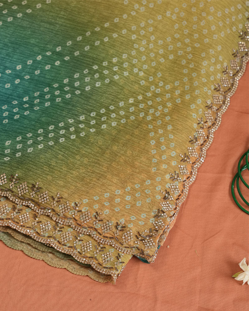Yellowish Orange And Green Designer Crushed Tissue Bandhani Print Saree With Diamond Work And Cut Work Border