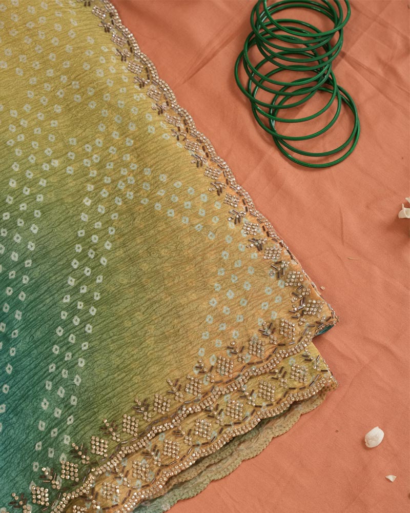 Yellowish Orange And Green Designer Crushed Tissue Bandhani Print Saree With Diamond Work And Cut Work Border