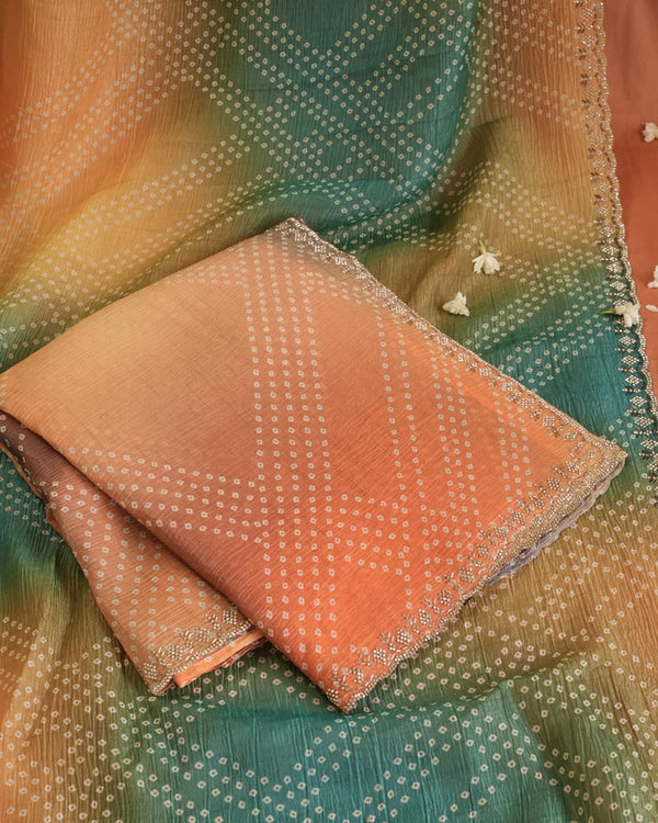 Sunrise Orange Designer Crushed Tissue Bandhani Print Saree With Diamond Work And Cut Work Border