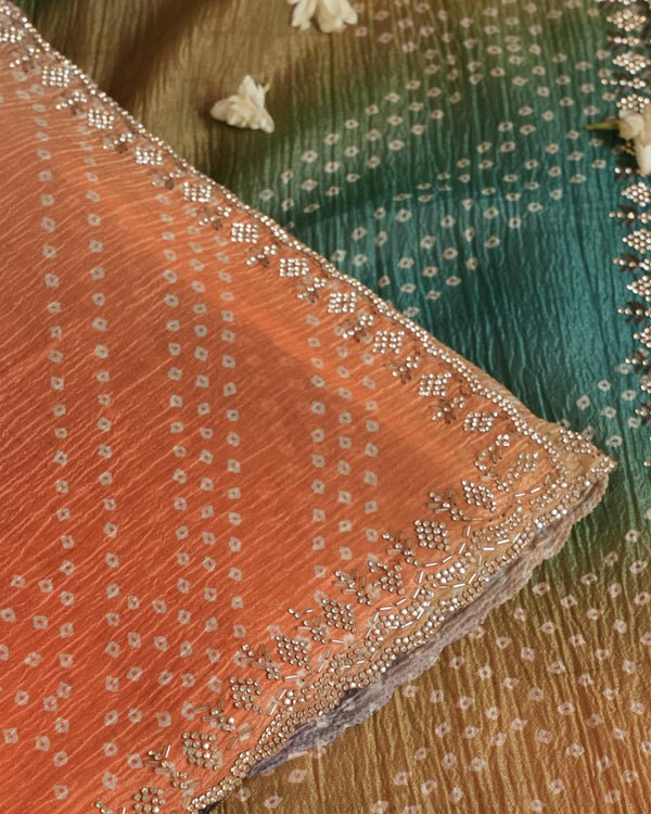 Sunrise Orange Designer Crushed Tissue Bandhani Print Saree With Diamond Work And Cut Work Border