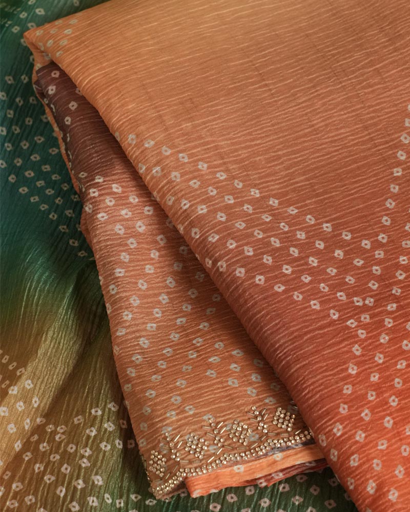 Sunrise Orange Designer Crushed Tissue Bandhani Print Saree With Diamond Work And Cut Work Border