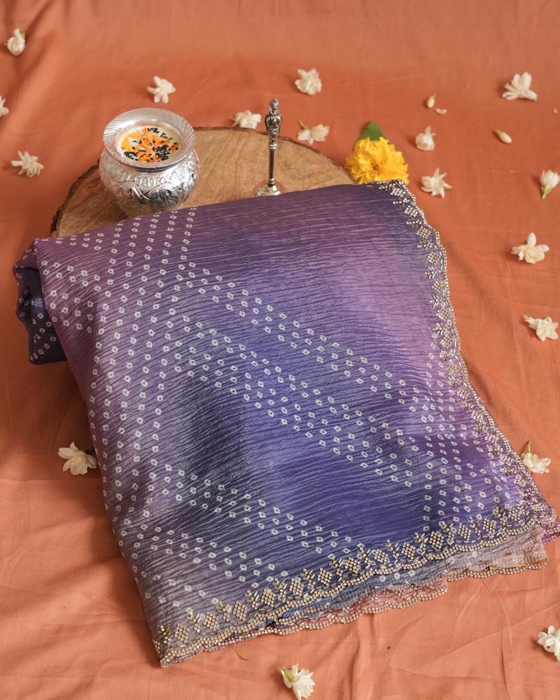 Pastel Purple Designer Crushed Tissue Bandhani Print Saree With Diamond Work And Cut Work Border