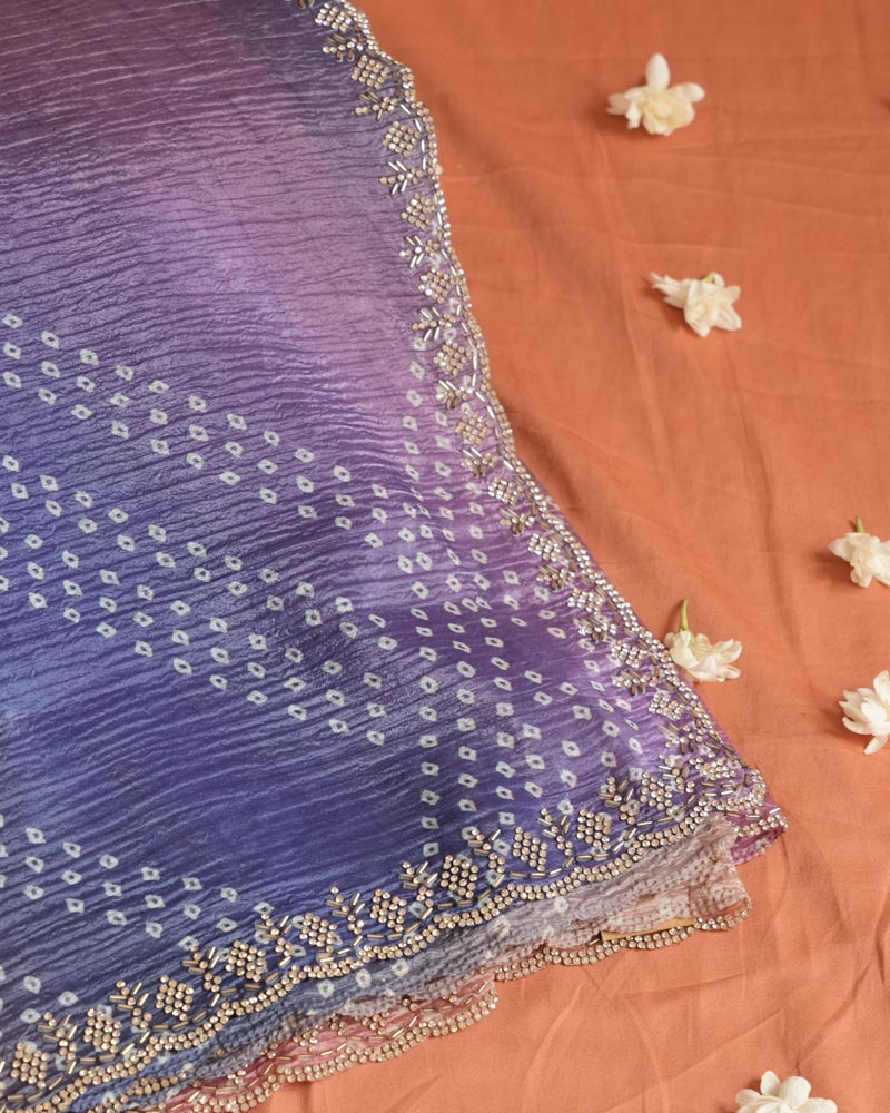 Pastel Purple Designer Crushed Tissue Bandhani Print Saree With Diamond Work And Cut Work Border