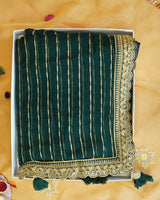 Bottle Green Designer Fancy Chiffon Saree With Zari-Embroidery Work And Cut Work Border