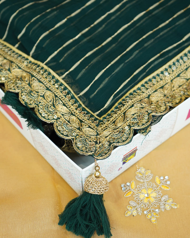 Bottle Green Designer Fancy Chiffon Saree With Zari-Embroidery Work And Cut Work Border