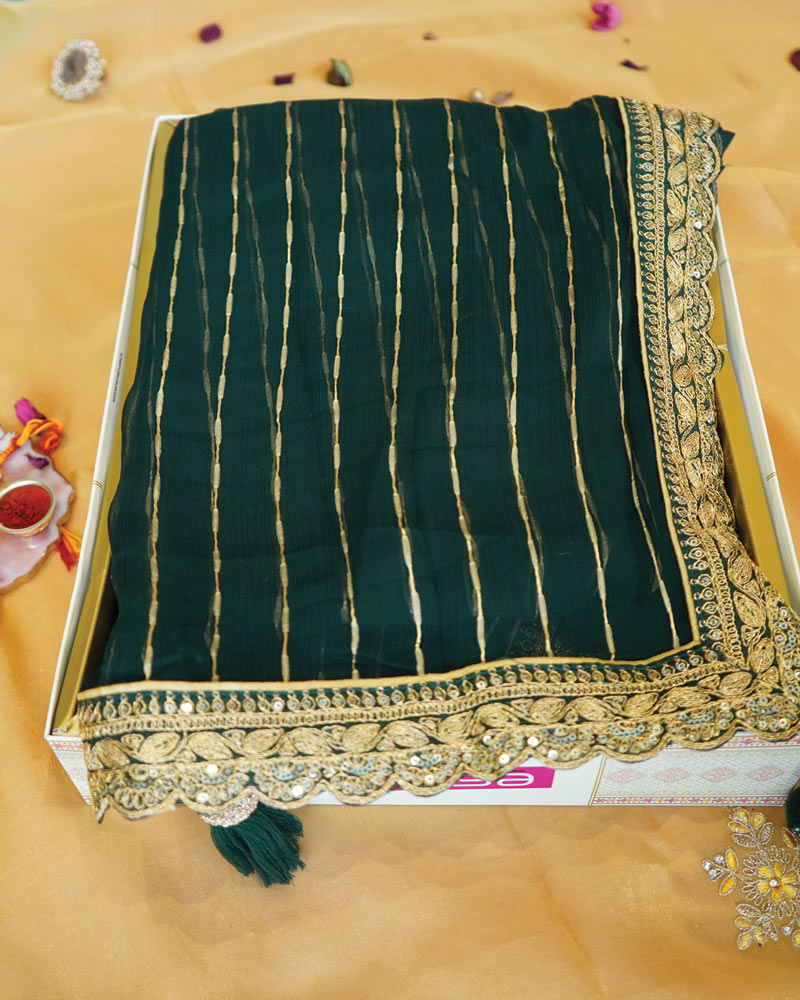 Bottle Green Designer Fancy Chiffon Saree With Zari-Embroidery Work And Cut Work Border