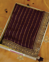 Wine Designer Fancy Chiffon Saree With Zari-Embroidery Work And Cut Work Border
