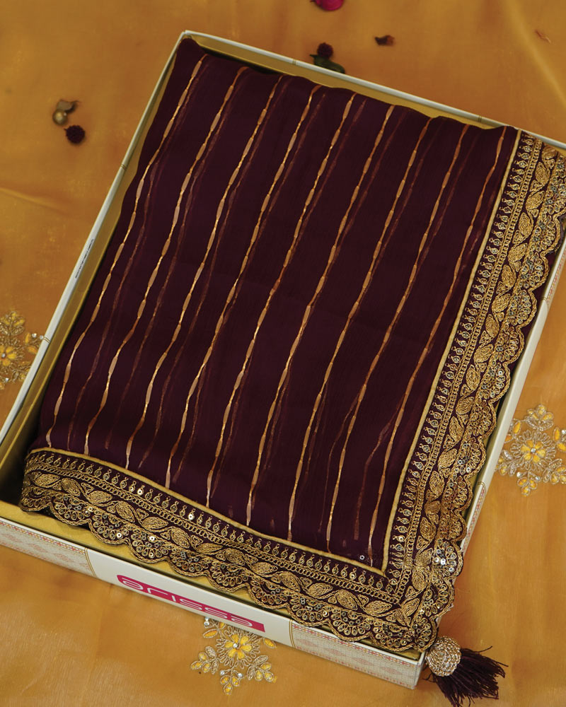 Wine Designer Fancy Chiffon Saree With Zari-Embroidery Work And Cut Work Border