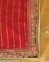 Chili Red Designer Fancy Chiffon Saree With Zari-Embroidery Work And Cut Work Border