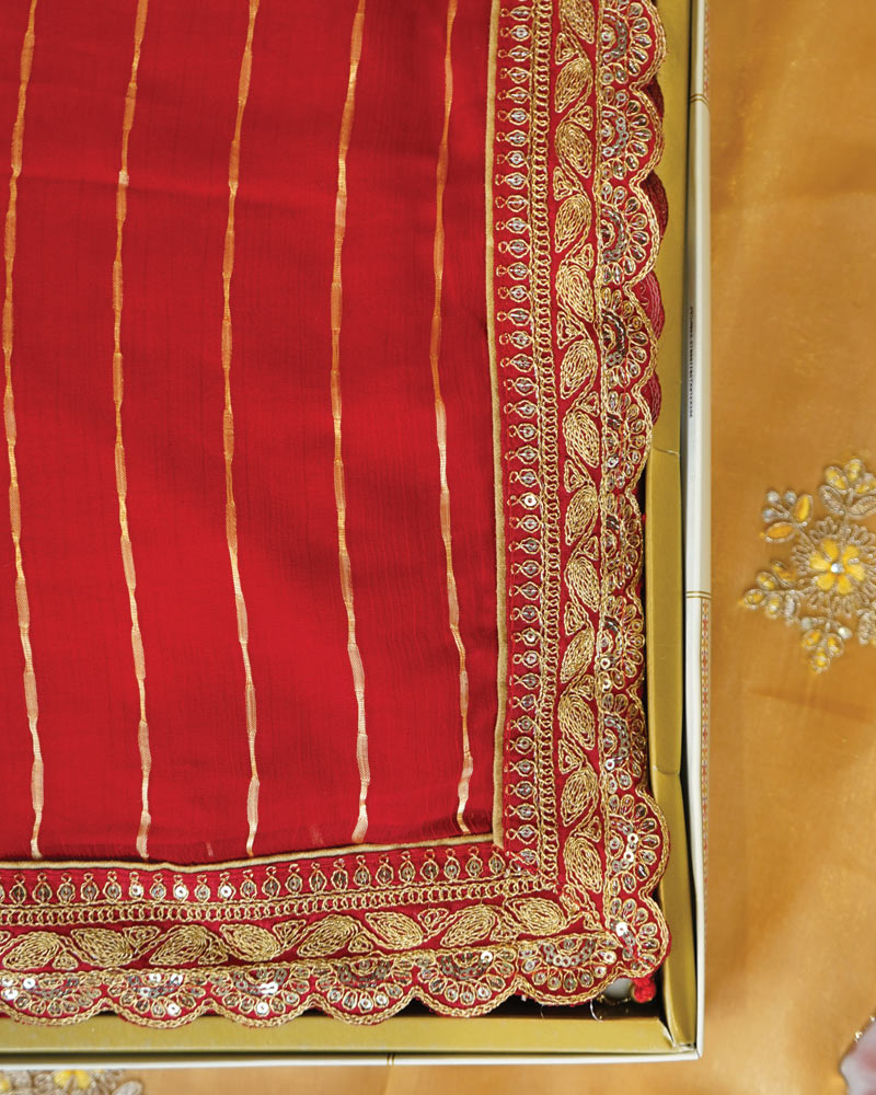 Chili Red Designer Fancy Chiffon Saree With Zari-Embroidery Work And Cut Work Border