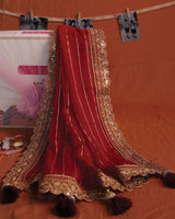 Chili Red Designer Fancy Chiffon Saree With Zari-Embroidery Work And Cut Work Border