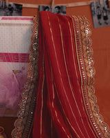 Chili Red Designer Fancy Chiffon Saree With Zari-Embroidery Work And Cut Work Border