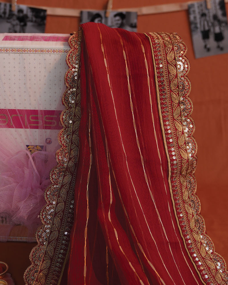 Chili Red Designer Fancy Chiffon Saree With Zari-Embroidery Work And Cut Work Border