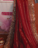 Chili Red Designer Fancy Chiffon Saree With Zari-Embroidery Work And Cut Work Border