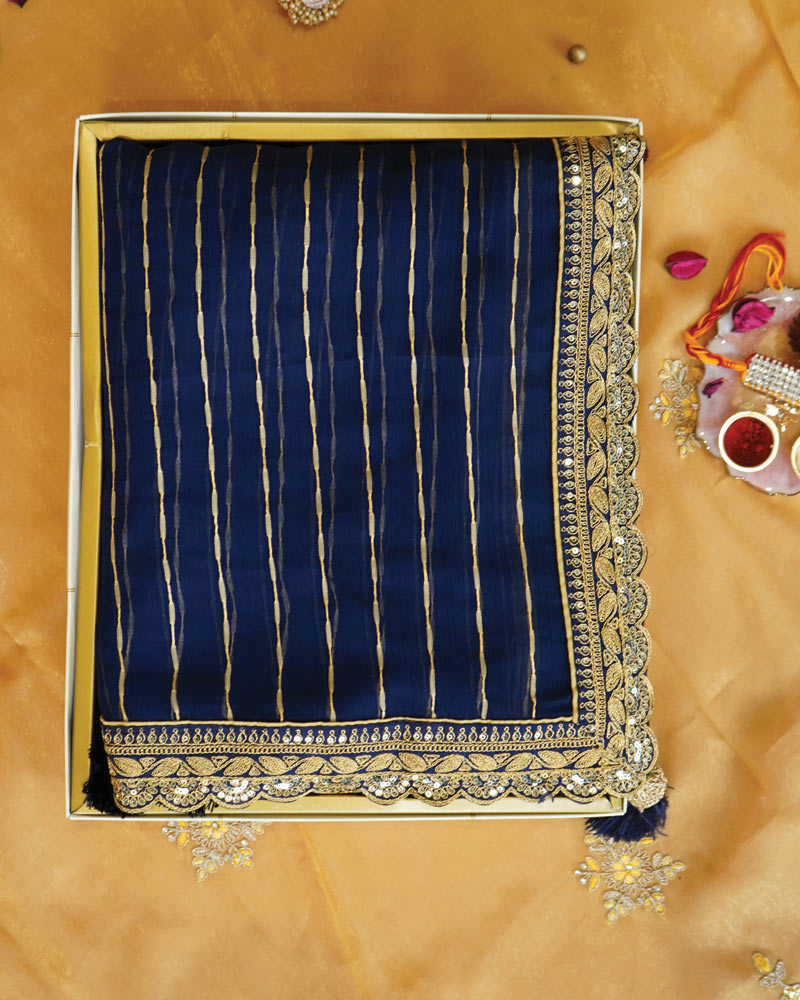Royal Blue Designer Fancy Chiffon Saree With Zari-Embroidery Work And Cut Work Border