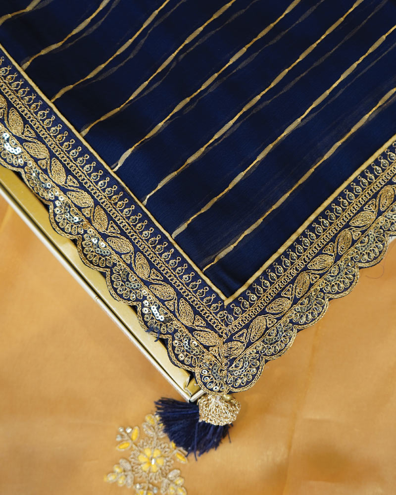 Royal Blue Designer Fancy Chiffon Saree With Zari-Embroidery Work And Cut Work Border