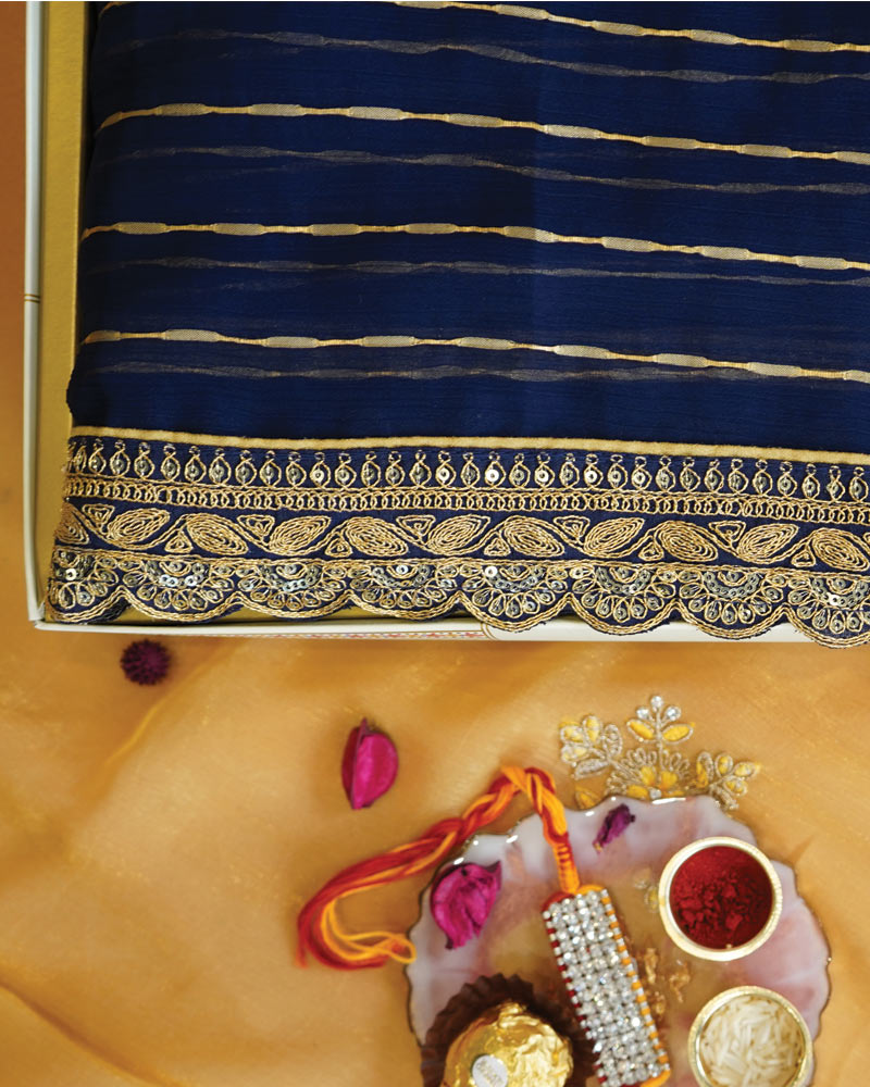Royal Blue Designer Fancy Chiffon Saree With Zari-Embroidery Work And Cut Work Border